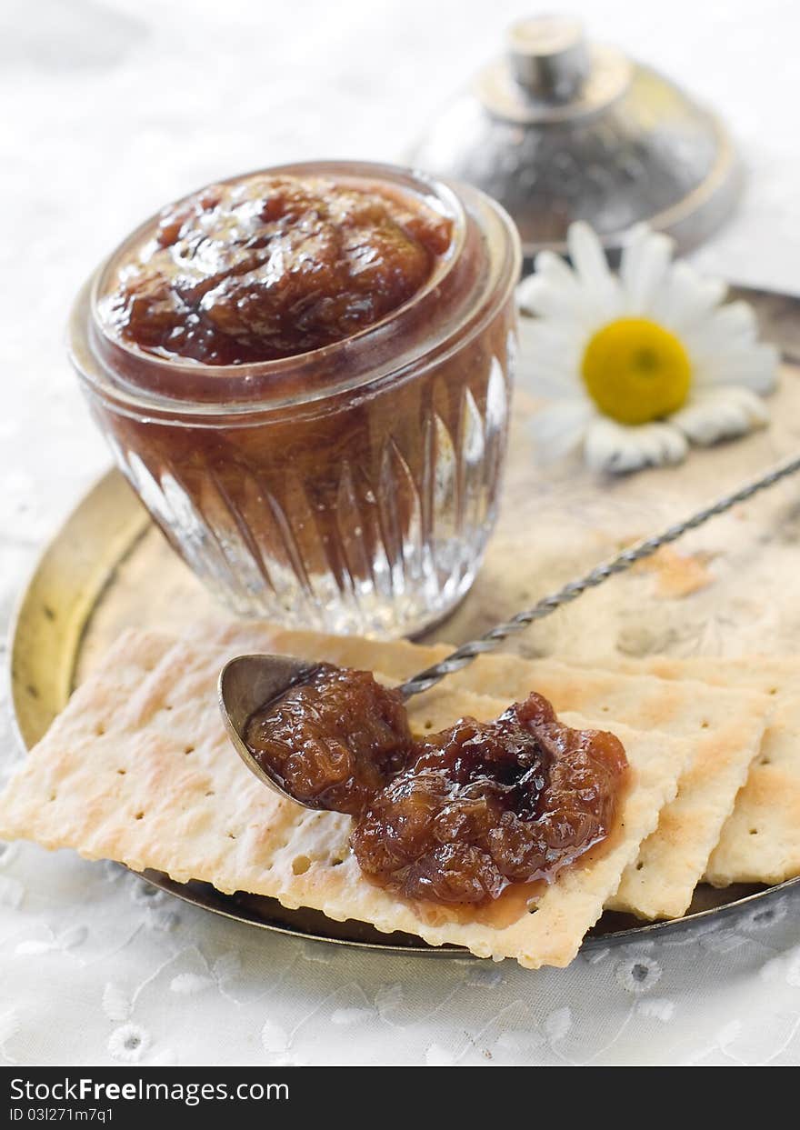 Cracker and jam tray platter. Selective focus, shallow depth. Cracker and jam tray platter. Selective focus, shallow depth