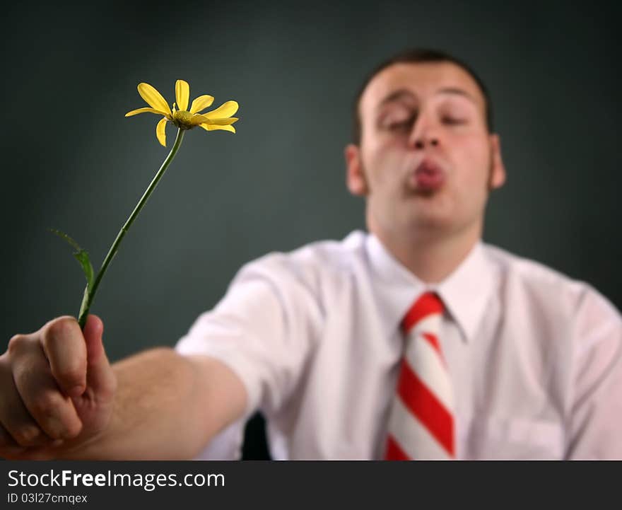 Funny guy with yellow flower. Funny guy with yellow flower