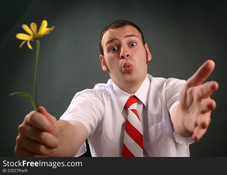 Funny guy with yellow flower. Funny guy with yellow flower