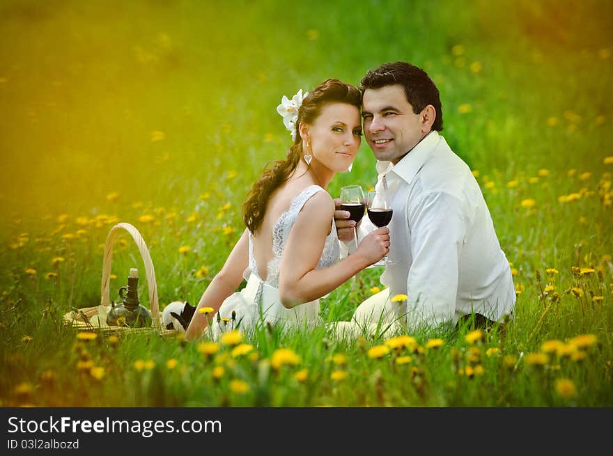 Wedding couple drink a wine and smiling on a grass. Wedding couple drink a wine and smiling on a grass