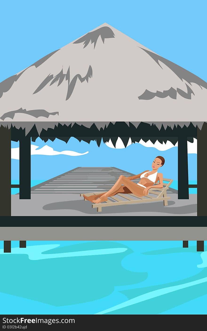 Illustration of a woman at Maldives island resort. Illustration of a woman at Maldives island resort