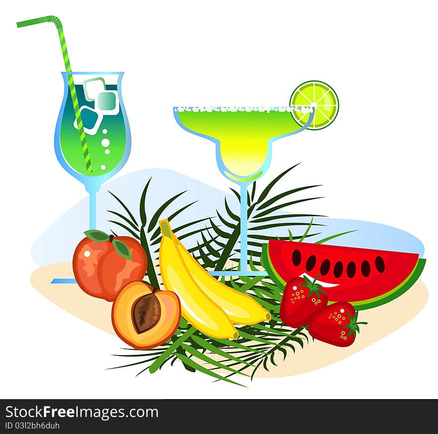 Exotic drinks and fruits isolated on white background. Exotic drinks and fruits isolated on white background