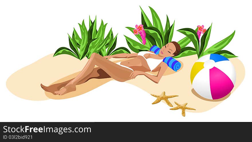 Illustration of a woman chilling out on the beach. Illustration of a woman chilling out on the beach