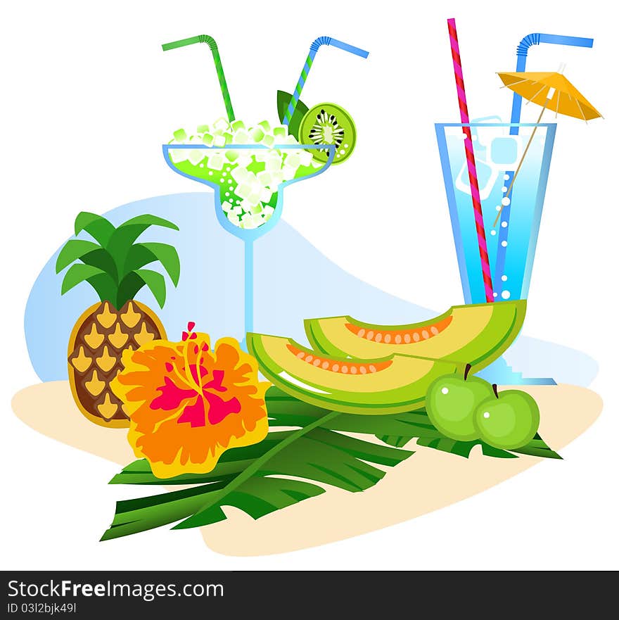 Exotic drinks and fruits isolated on white background. Exotic drinks and fruits isolated on white background