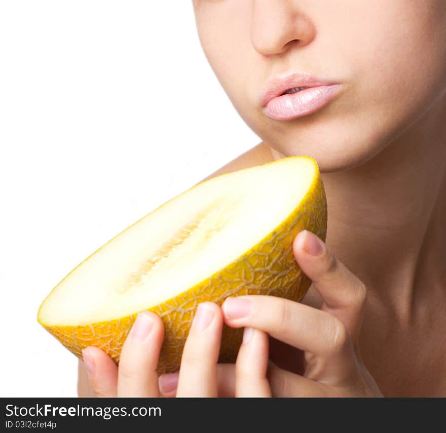 Beautiful smiling woman with melon isolated on white. Beautiful smiling woman with melon isolated on white