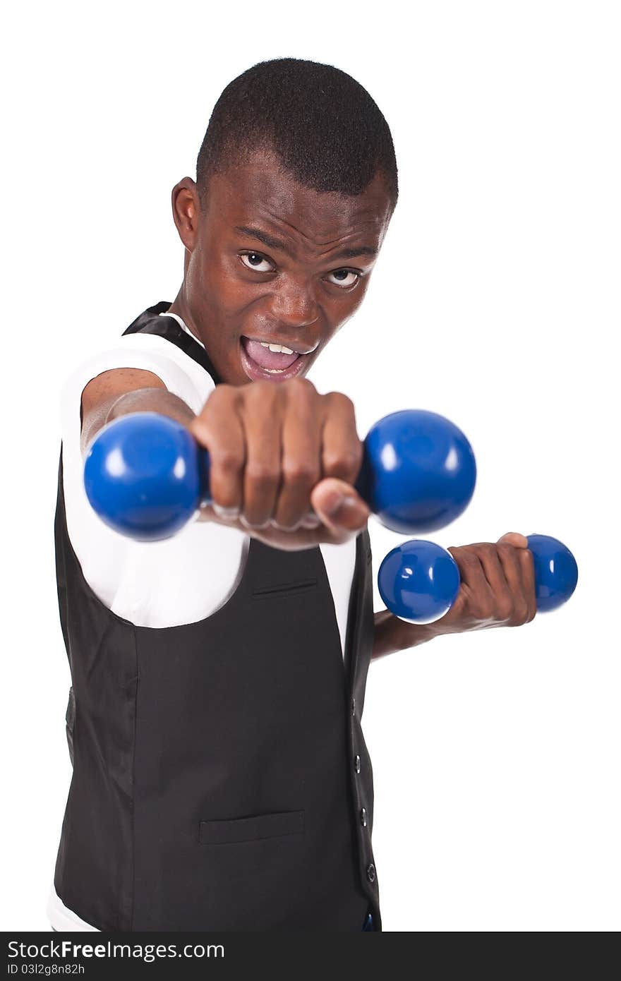 Black young man lifting weights