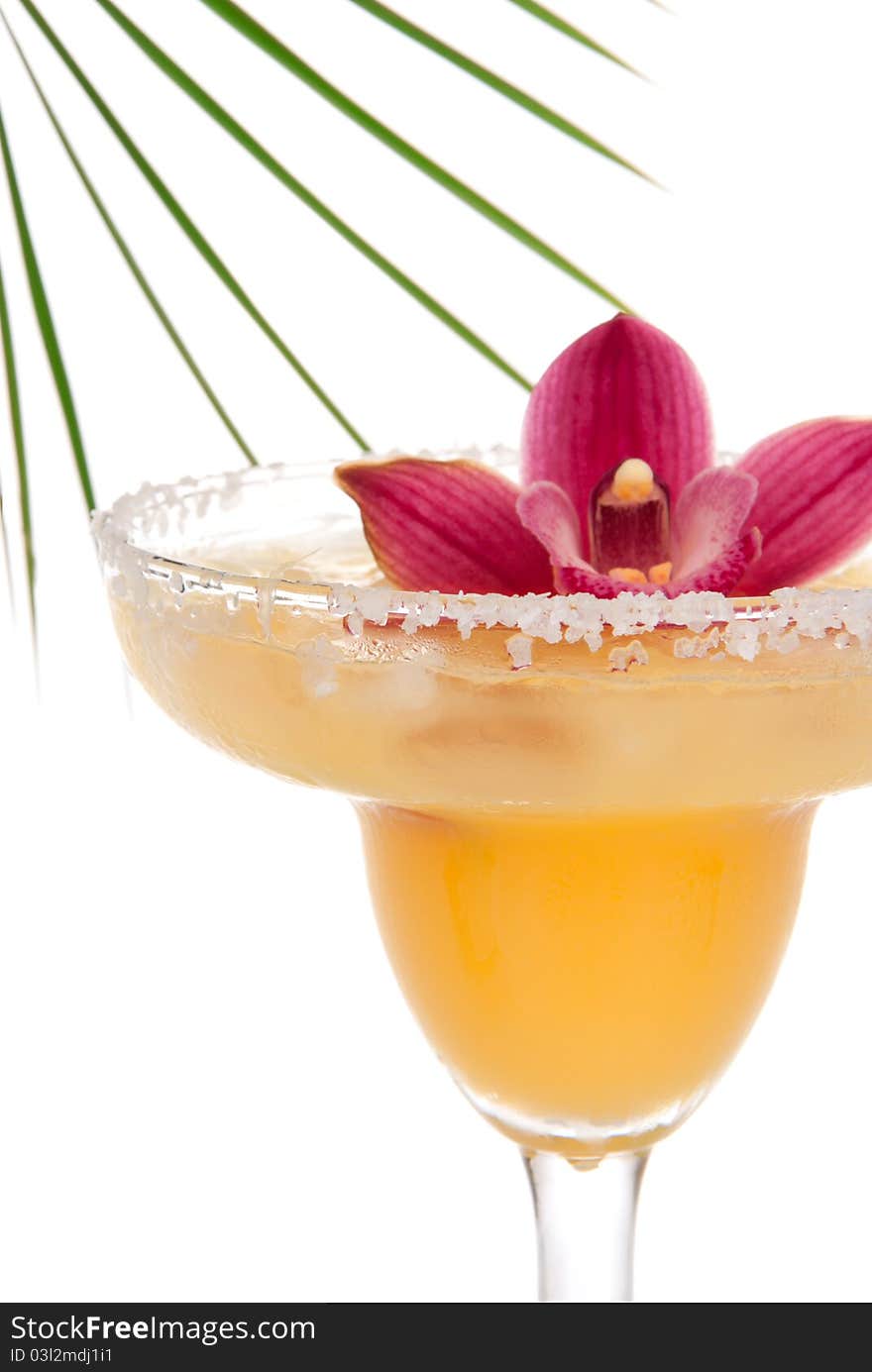 Margarita cocktail drink vertical close up composition with pink orchid flower and tropical palm decoration