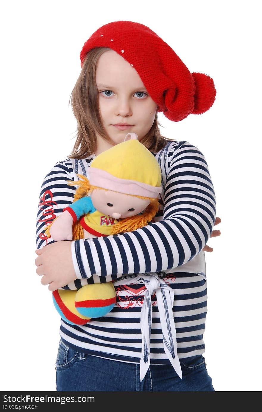 The girl and a doll isolated on white background