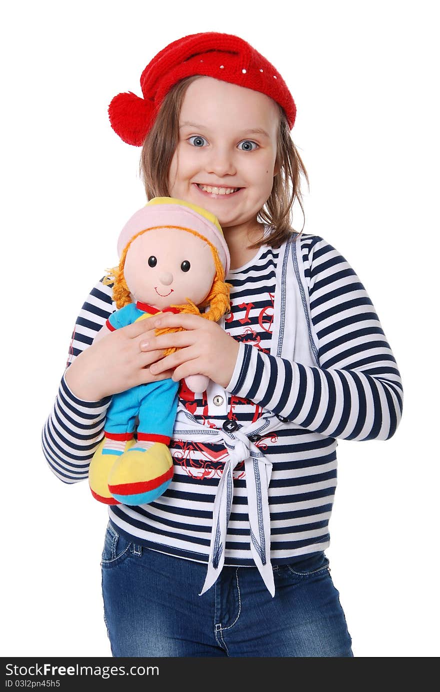 The girl and a doll isolated on white background