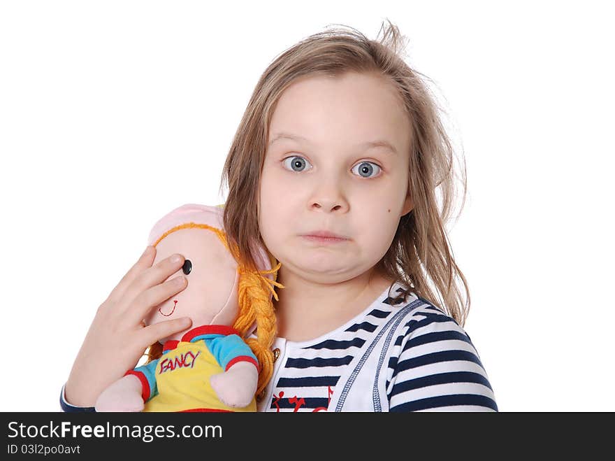 The girl and a doll isolated on white background