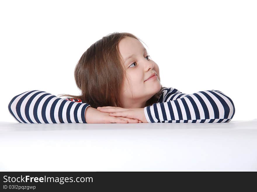 The girl looks with surprise isolated on white background