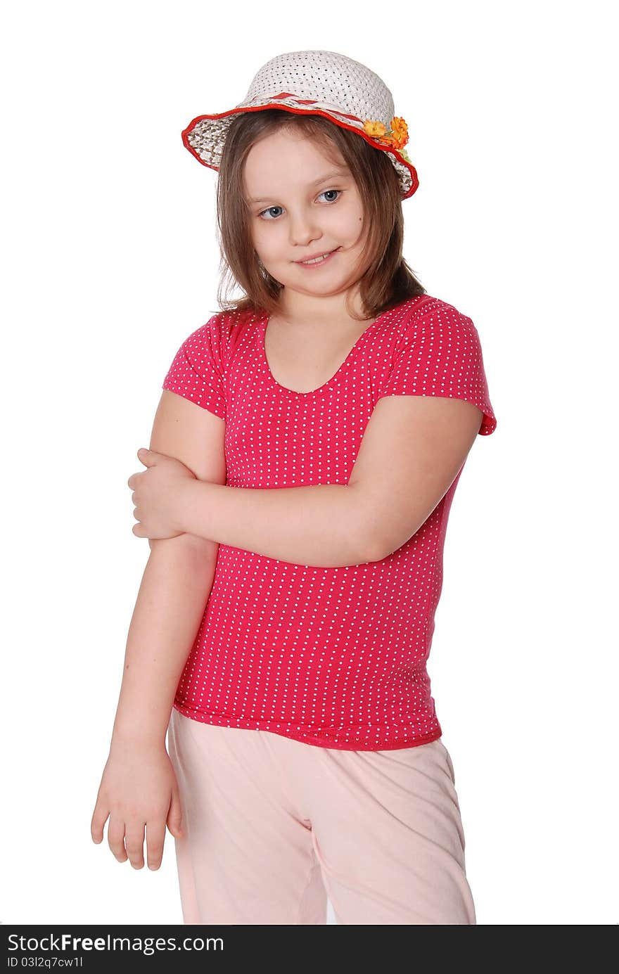 Portrait of little girl wearing a hat ans smiling isolated on white background