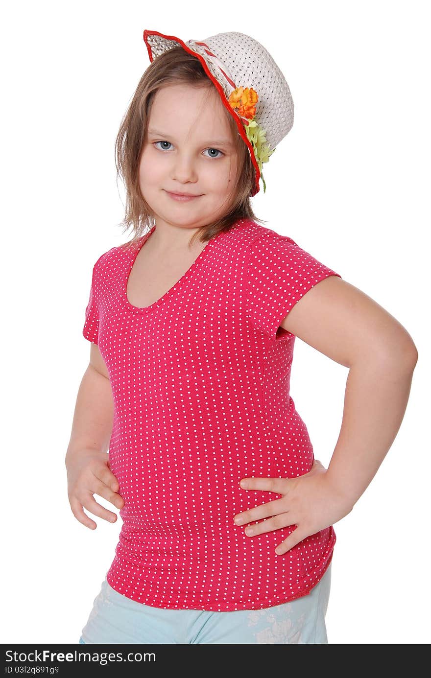 Portrait of little girl wearing a hat ans smiling isolated on white background