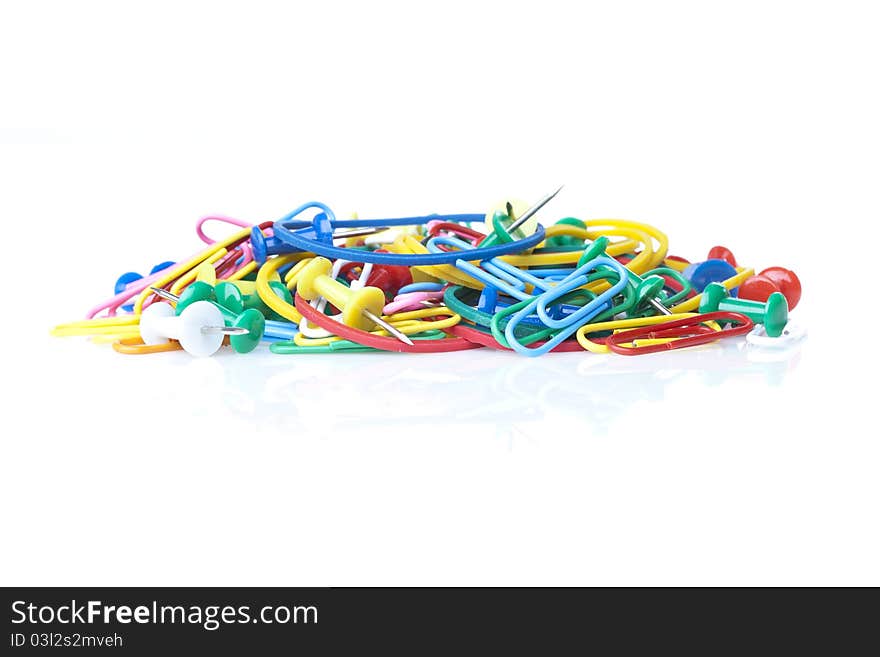 A group of colorful office supplies against a white background