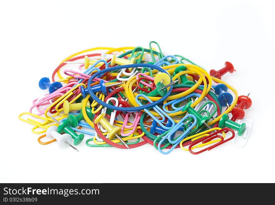 A group of colorful office supplies against a white background