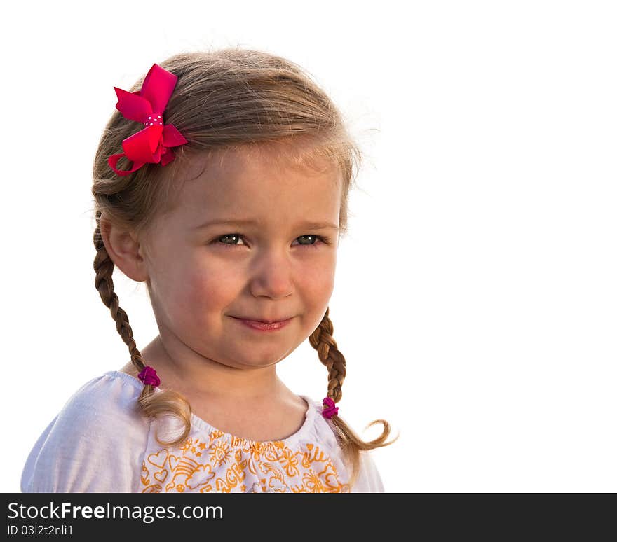 Cute little girl smiling shily, isolated on white background. Cute little girl smiling shily, isolated on white background.