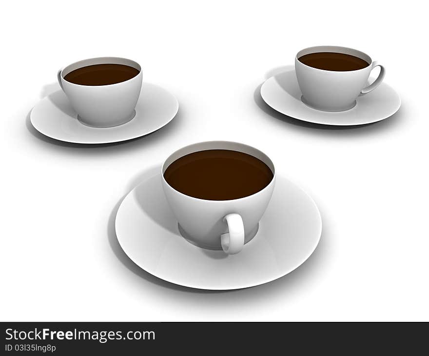 Three cups of coffee on white background