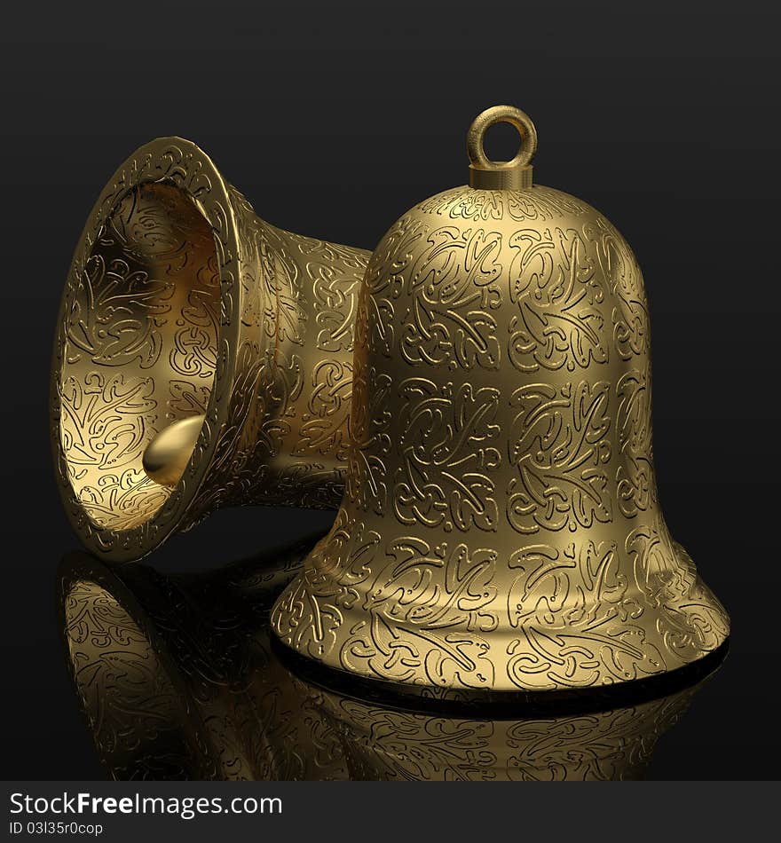 Computer generated image tow golden bell with black  background. Computer generated image tow golden bell with black  background