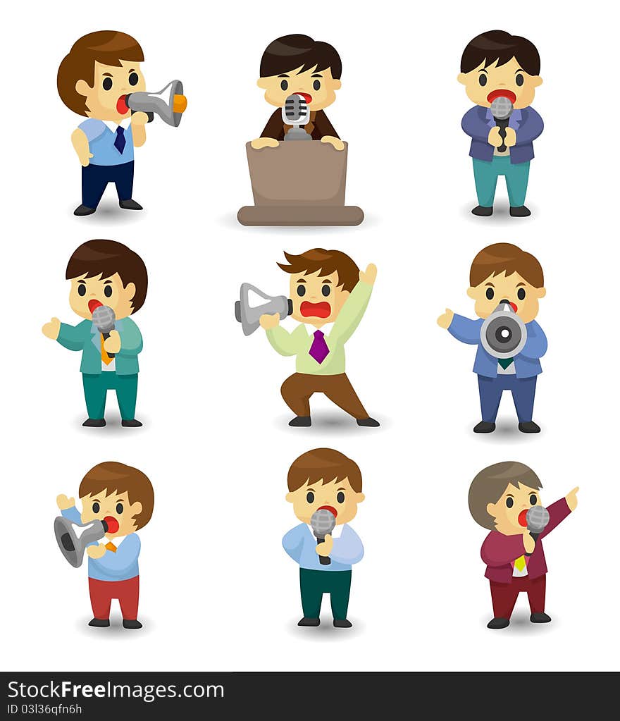 Set of funny cartoon office worker talk with Microphone and speaker, drawing