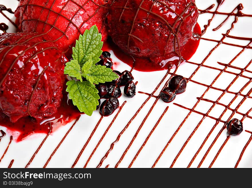 Berry Fruit Ice Cream Served On The White Plate