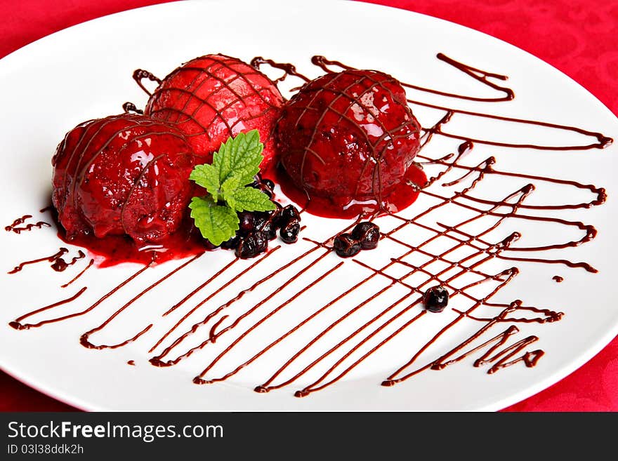 Berry Fruit Ice Cream Served On The White Plate