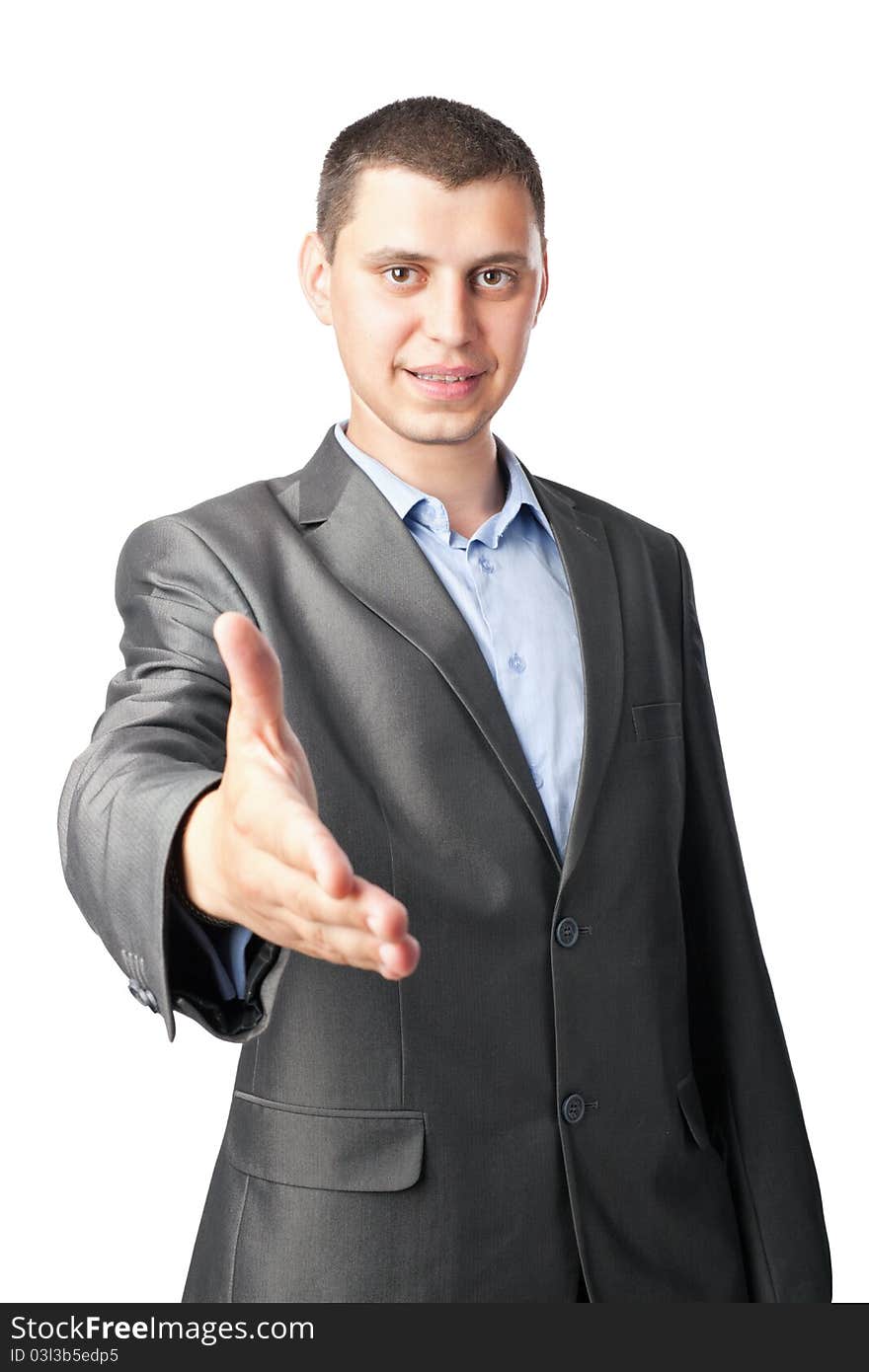 Businessman consultant extending hand to shake isolated on white background