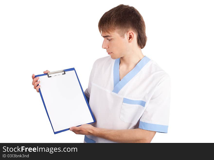 Medical doctor holding clipboard isolated on white background