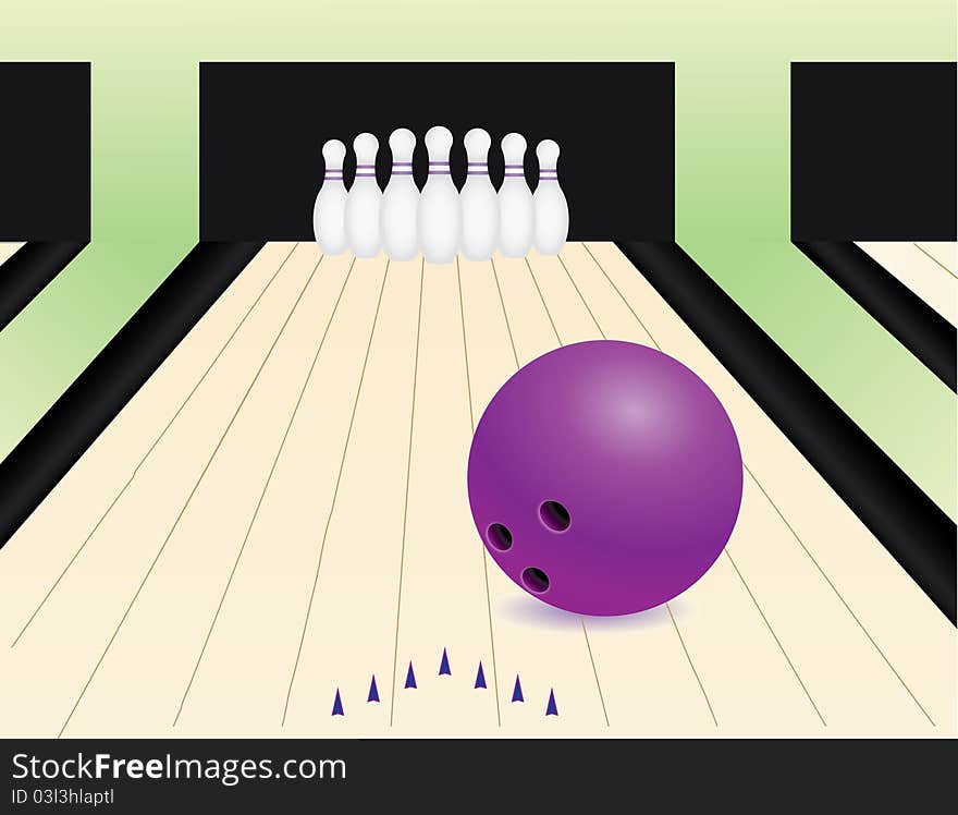 Bowling alley with the ball and pins