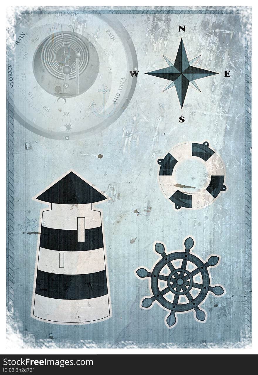 Marine set - lighthouse, life preserver, anchor, wind rose. Marine set - lighthouse, life preserver, anchor, wind rose