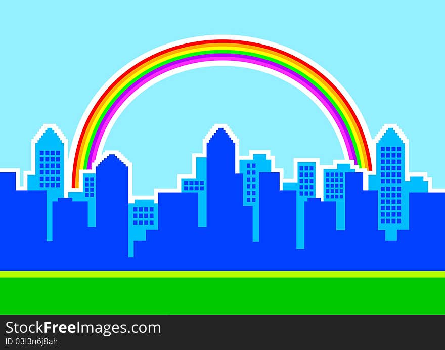 Blue silhouette of city with rainbow