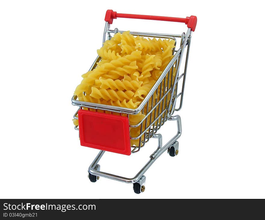 Pasta in a shopping trolly on a white background