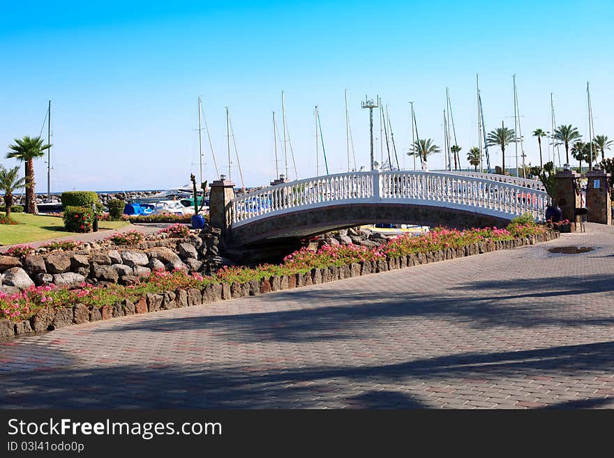 Narrow wooden bridge over a canal. Narrow wooden bridge over a canal