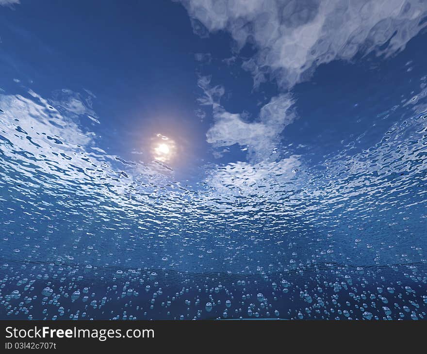 Underwater light scene, sun and bubbles