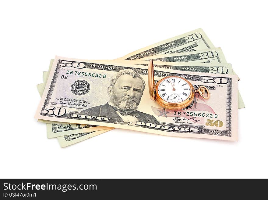 Dollars and  gold watch on a white background