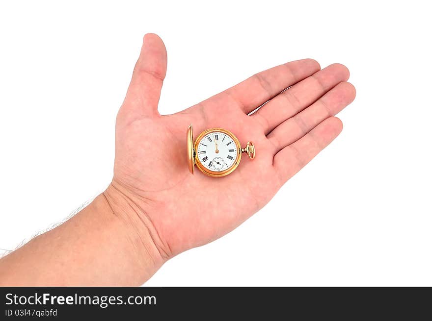 Gold watch in hand on a white background