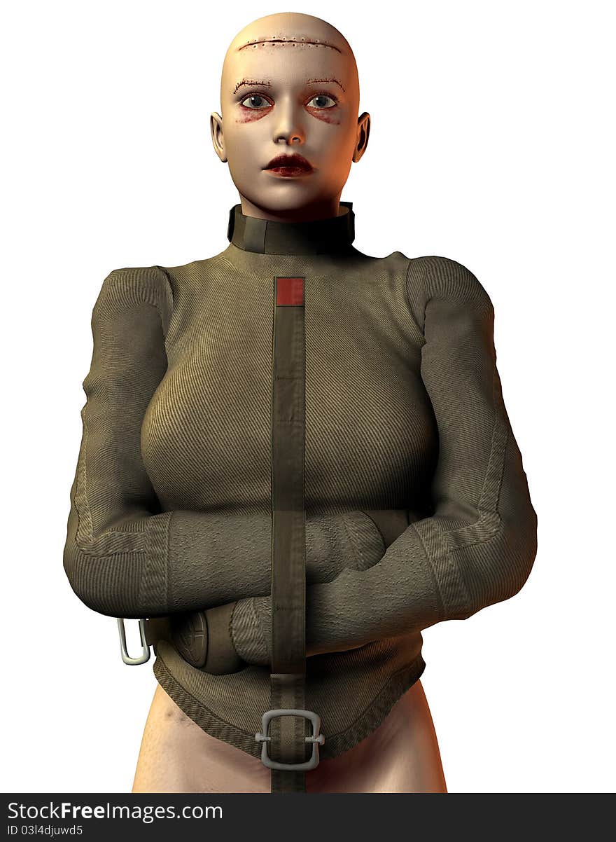 3D rendering of a bald woman in a straitjacket