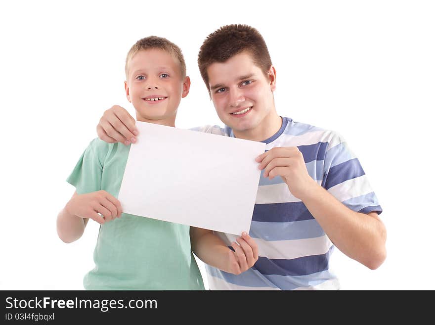 Boy and men holding a billboard. Boy and men holding a billboard