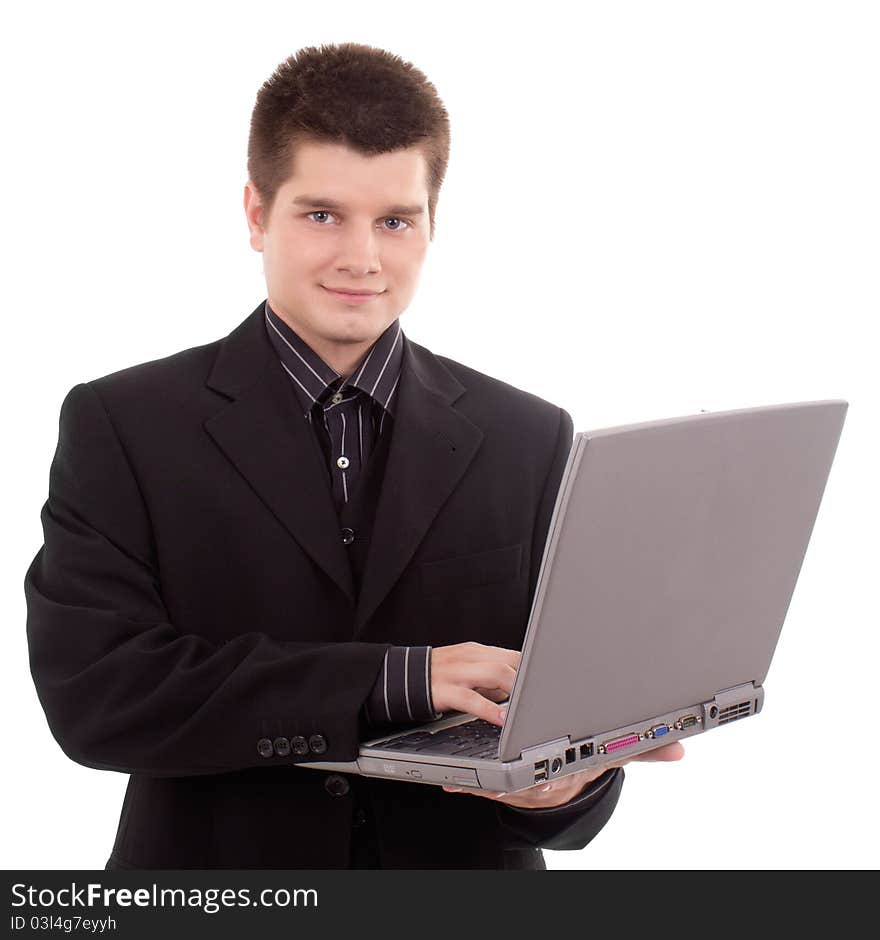 Happy business man holding laptop on white