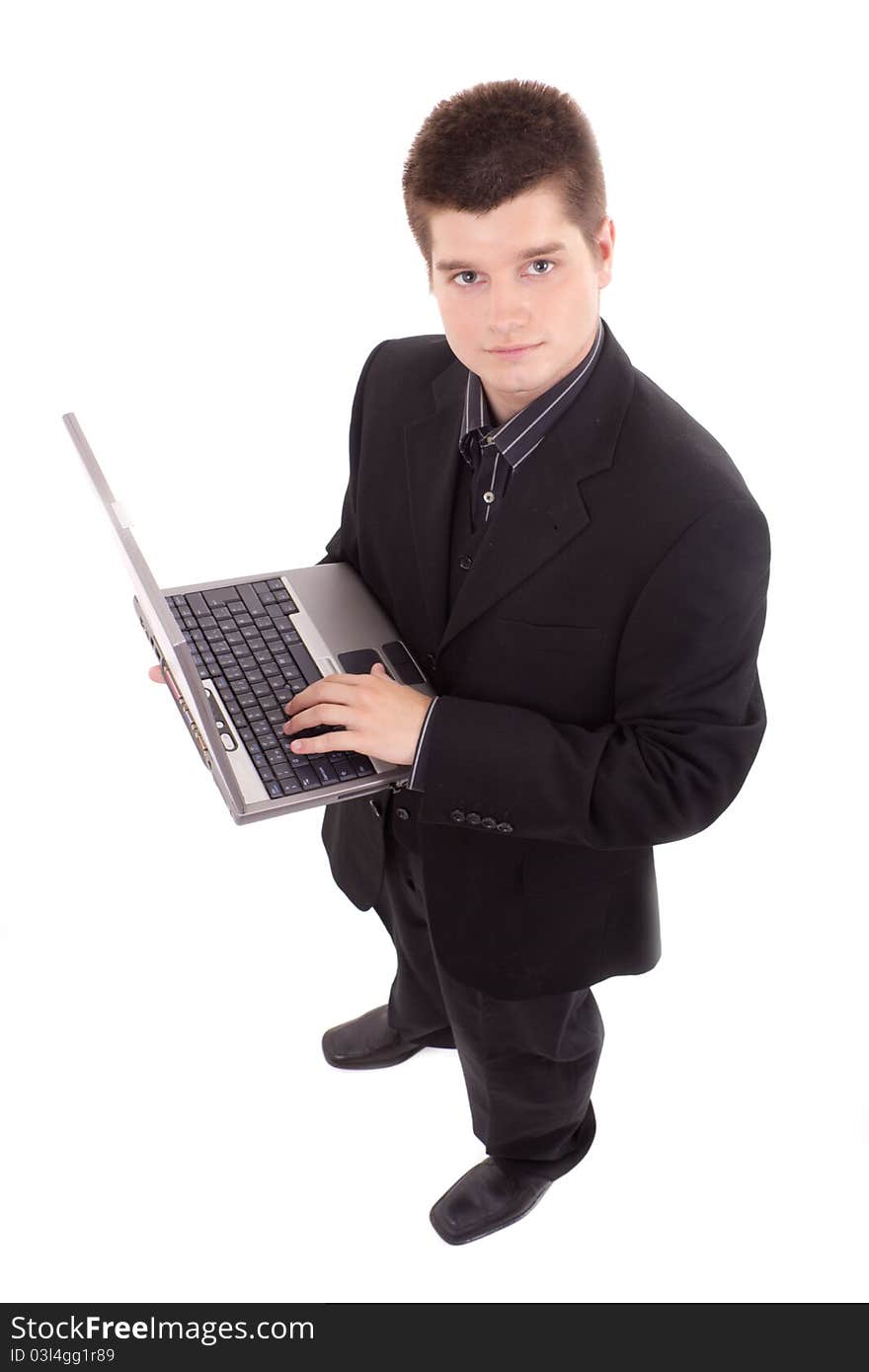 Business man holding laptop on white