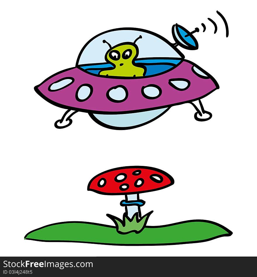 Sketch picture of alien in ship and mushroom. Sketch picture of alien in ship and mushroom