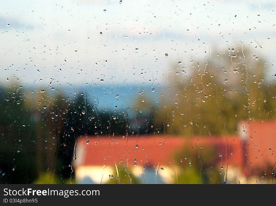 Drops water after rain window. Drops water after rain window