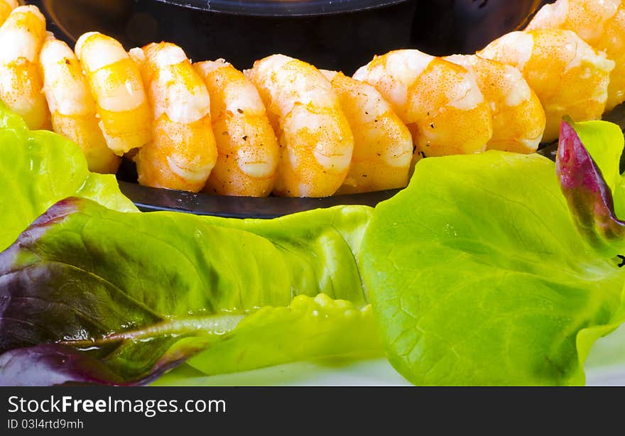 Fresh shrimps with green salad and different sauces. Fresh shrimps with green salad and different sauces