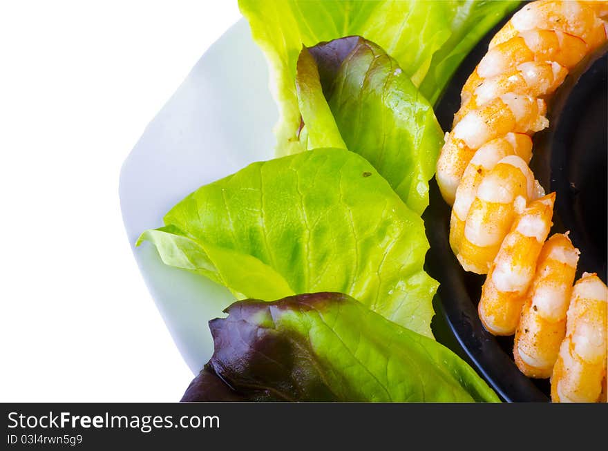 Fresh shrimps with green salad and different sauces. Fresh shrimps with green salad and different sauces