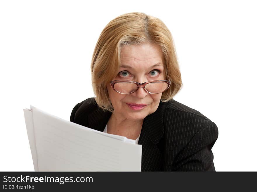 Senior Woman in black suite on white background. Blond hair. Shot in studio. Senior Woman in black suite on white background. Blond hair. Shot in studio.