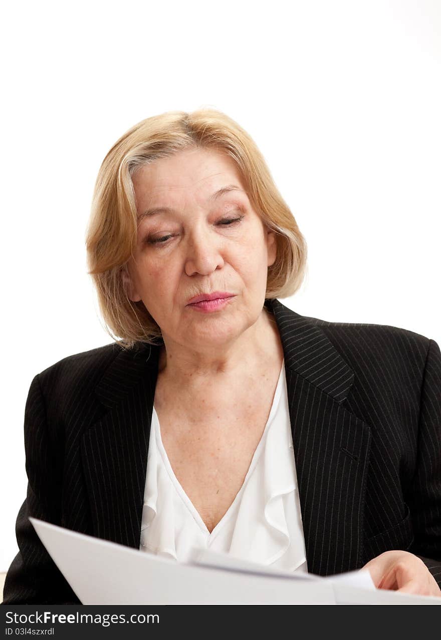 Senior Woman in black on white background