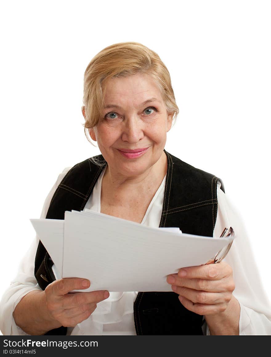 Senior Woman in black suite on white background. Blond hair. Shot in studio. Senior Woman in black suite on white background. Blond hair. Shot in studio.