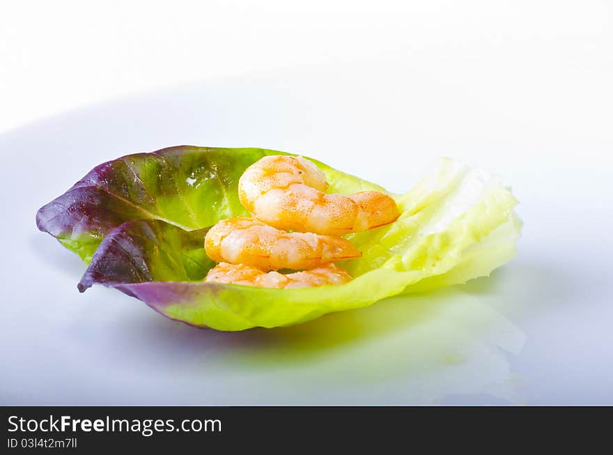 Fresh shrimps with green salad and different sauces. Fresh shrimps with green salad and different sauces