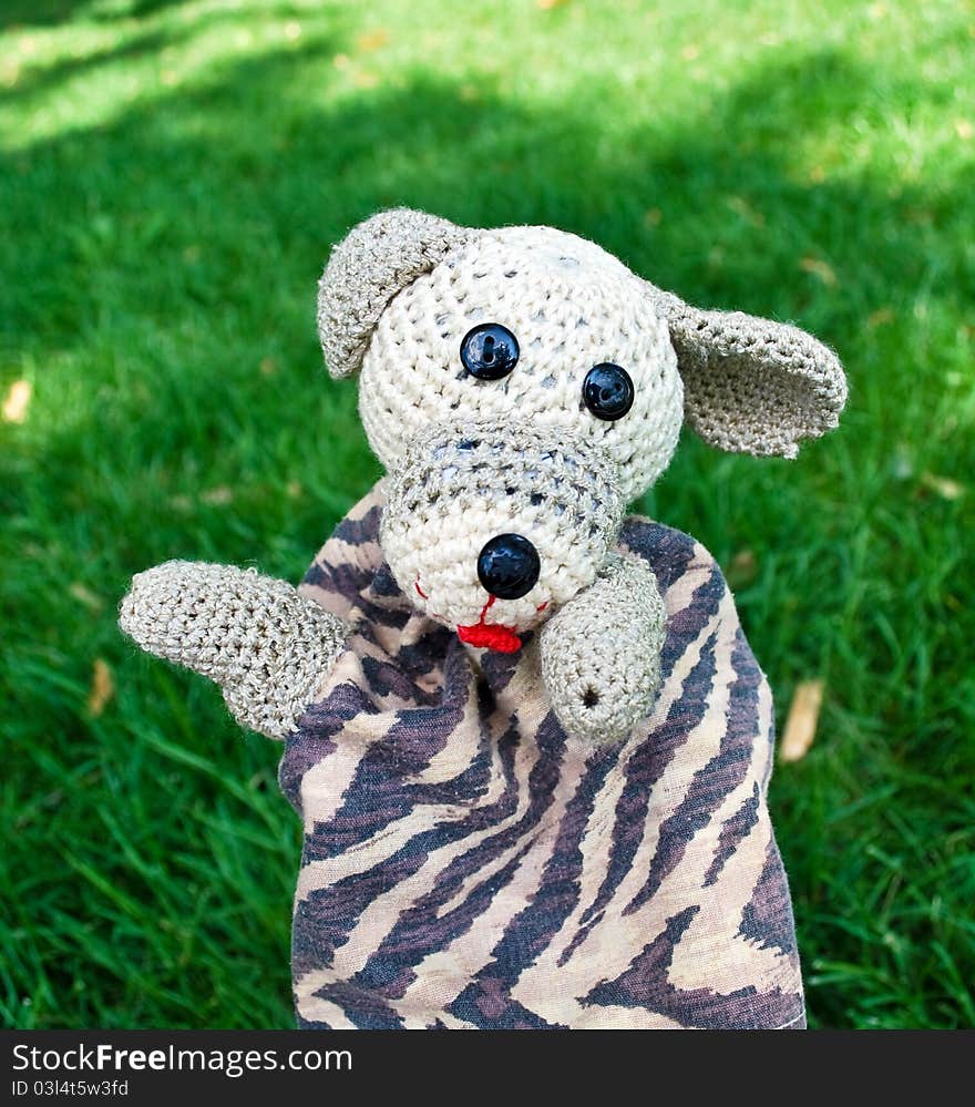 Funny hand puppet of dog on green. Funny hand puppet of dog on green