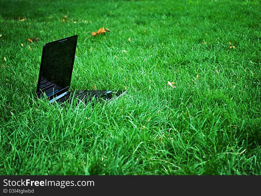 Laptop on a wide, green, grassy sports field