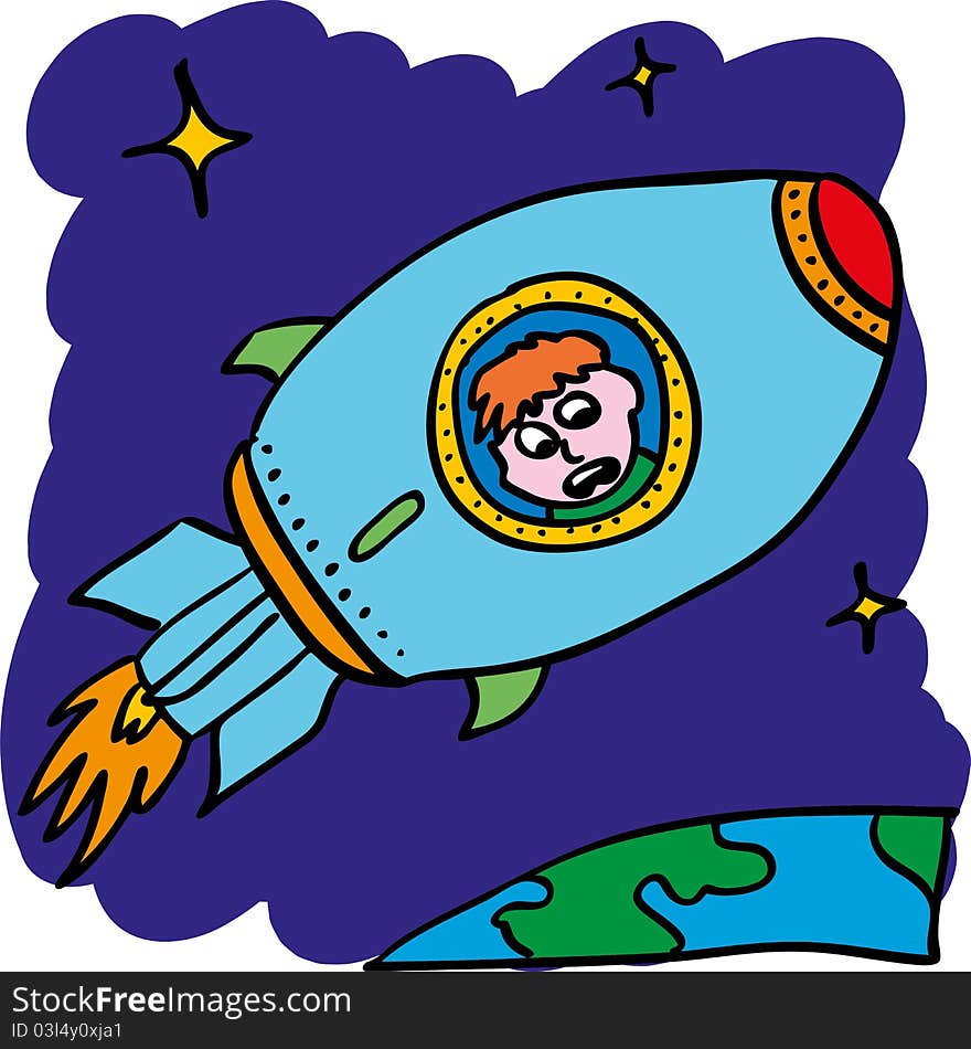 Sketch image of austronaut in rocket over Earth. Sketch image of austronaut in rocket over Earth